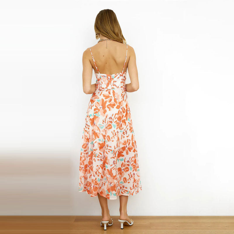 IvyShape | Printed Knotted Strap Backless Long Dress