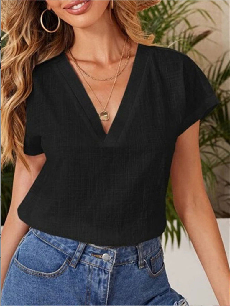 Women loose V-neck summer top with short sleeves Ivyshape