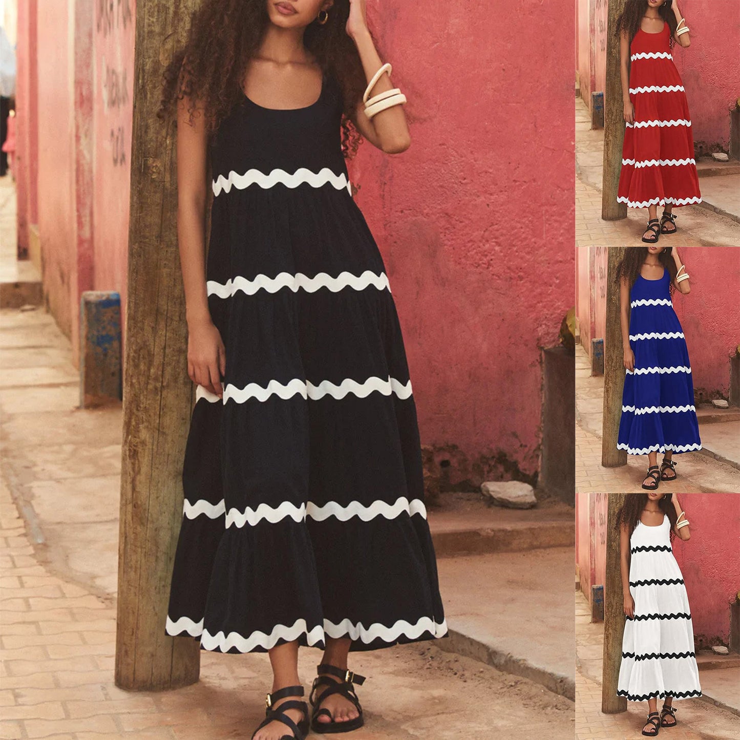 Women's Maxi Dress with Loose Fit and Wave Pattern Ivyshape