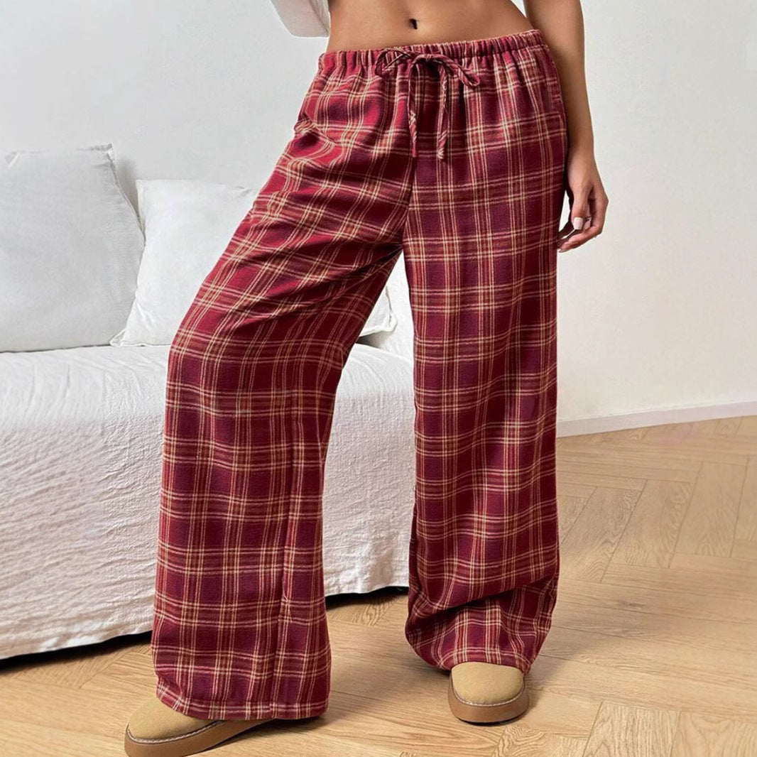 Women's wide checked trousers with elastic waistband and side pockets Ivyshape
