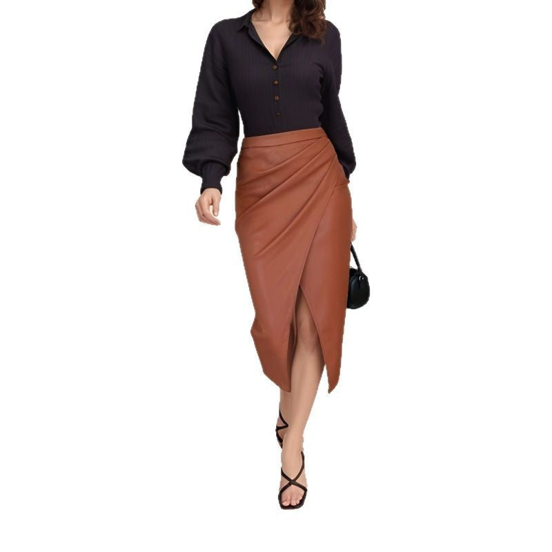 Women Elegant Wrap Skirt made of high-quality Faux Leather with Slit Ivyshape
