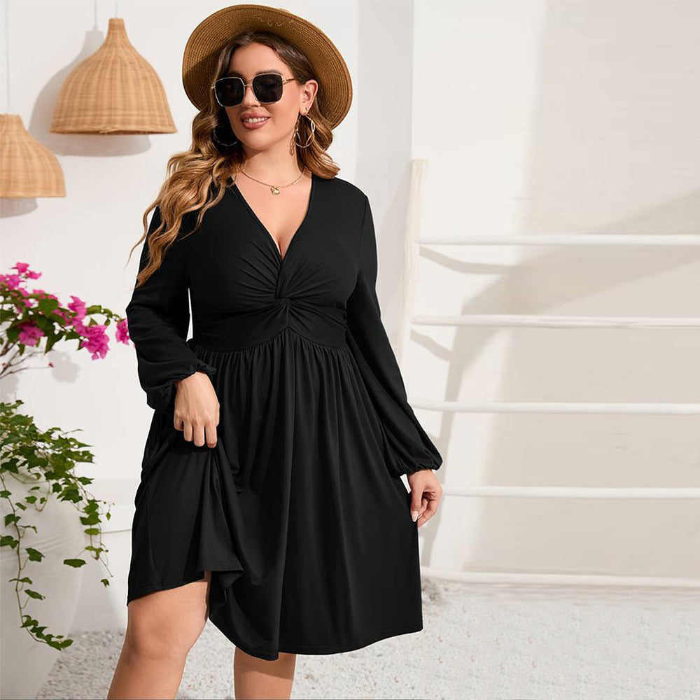 Women elegant viscose dress with voluminous puff sleeves and deep V-neck Ivyshape