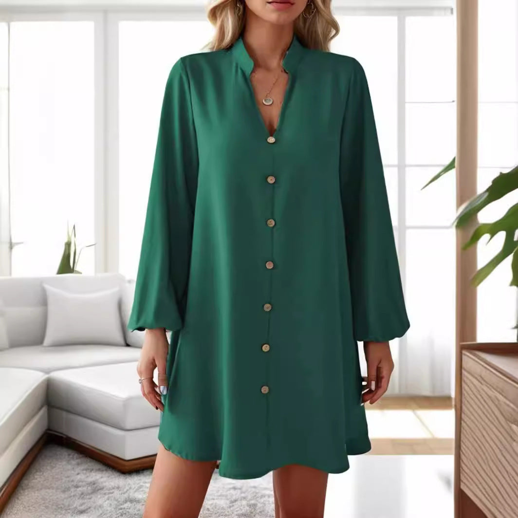 Women's short dress with button placket and elegant puff sleeves Ivyshape
