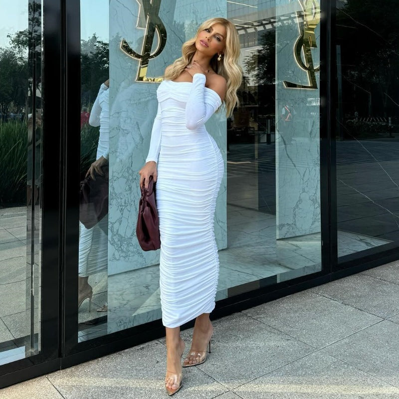 Women figure-hugging maxi dress with off-shoulder design and gathering Ivyshape