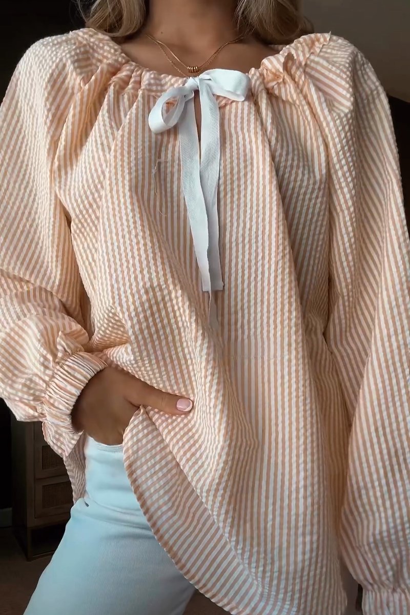 Ivyshape | Striped Tie Chiffon Shirt