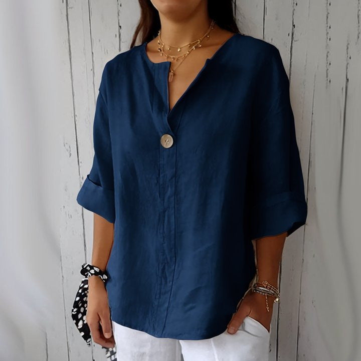 IvyShape | V-Neck Cotton Linen Button Shirt Top