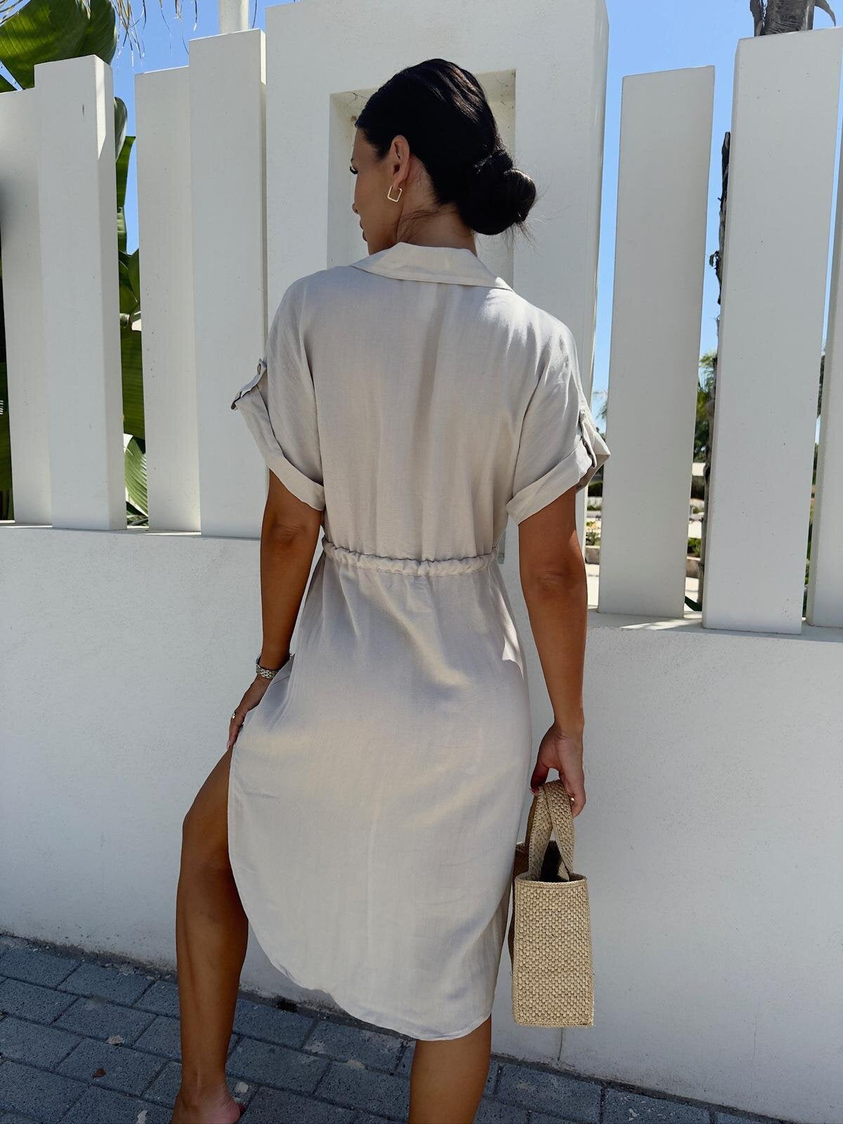 Women's midi dress with waist pull and short sleeves Ivyshape