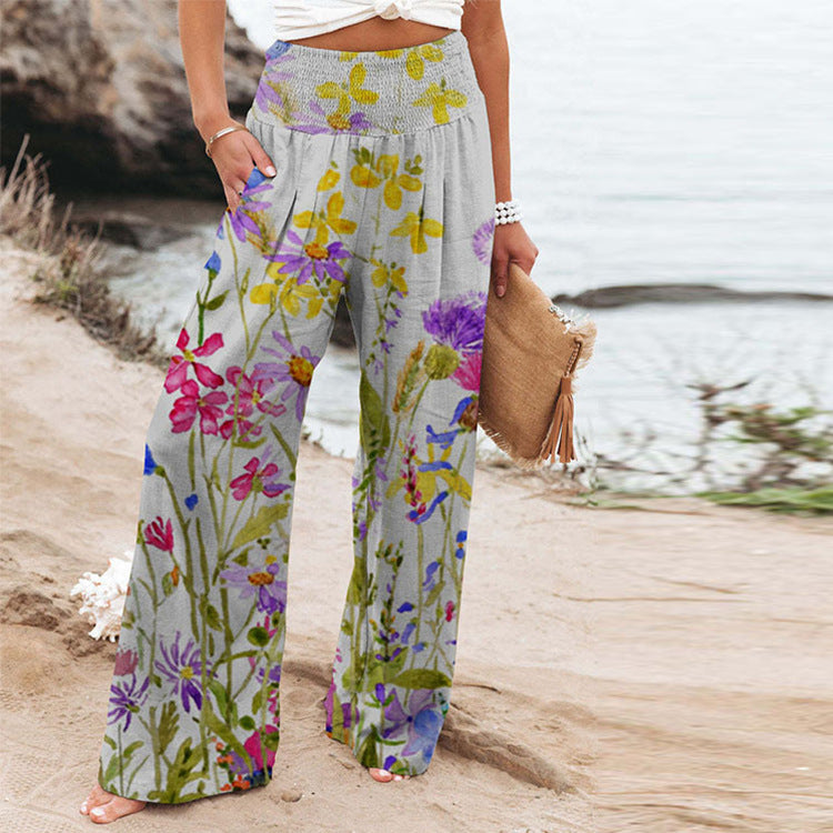 Women's Wide Summer Trousers with Floral Designs and Elastic Waistband Ivyshape