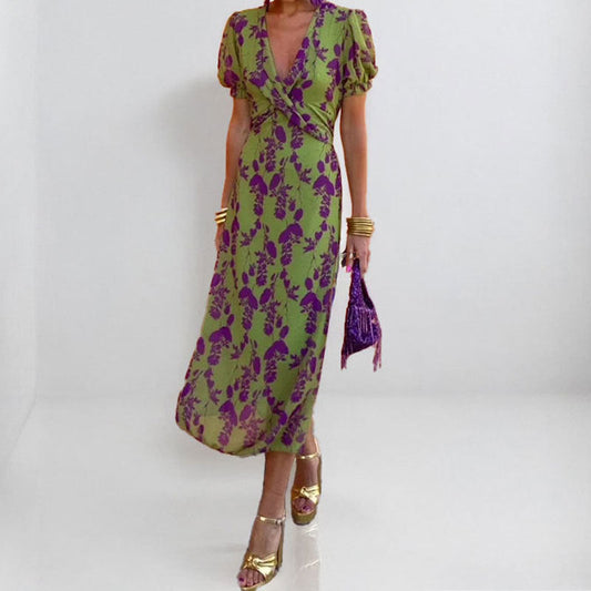 IvyShape | Printed Slim Fit V-Neck Short Sleeve Maxi Dress