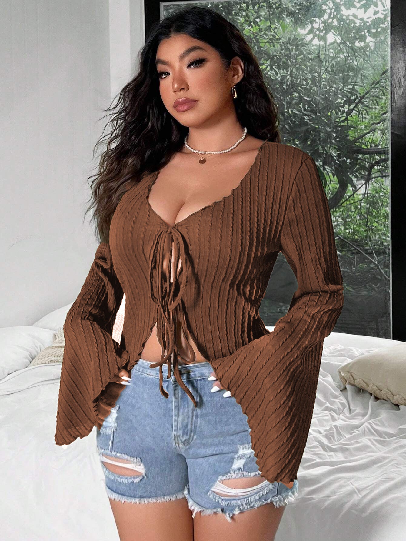 Women casual blouse shirt with deep V-neck and bell sleeves Ivyshape