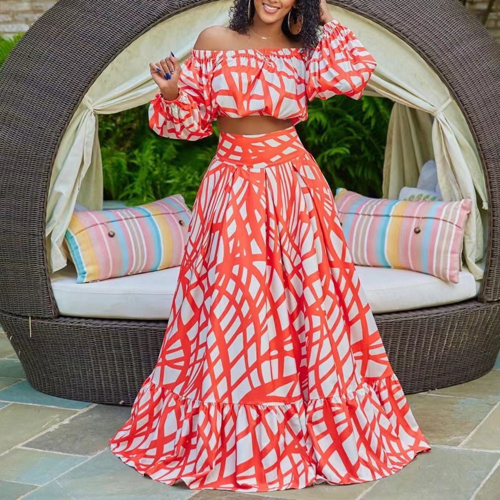 Women Maxi Skirt Set with high-neck Blouse Ivyshape