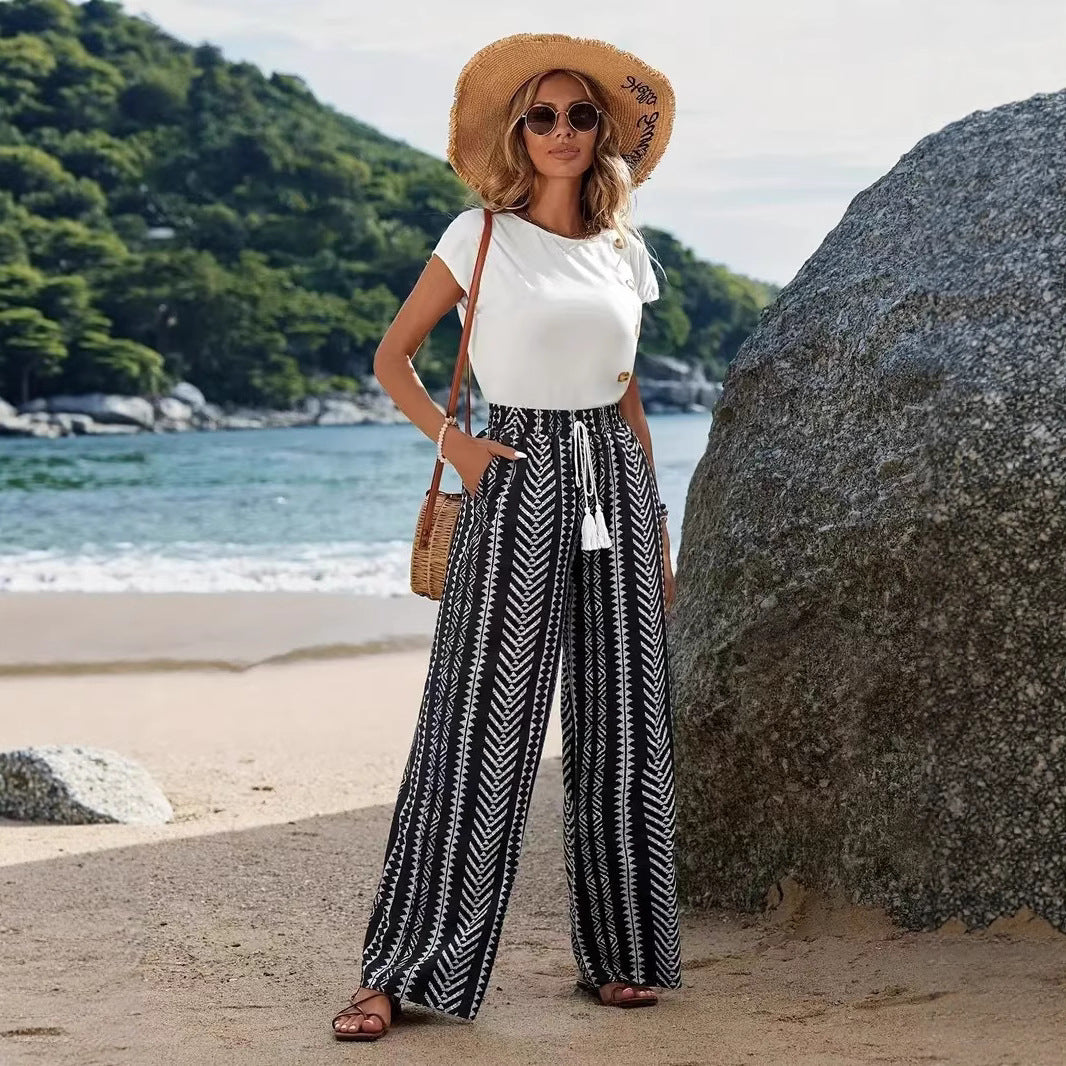 Women's wide palazzo pants with elastic waistband and fashionable pattern Ivyshape