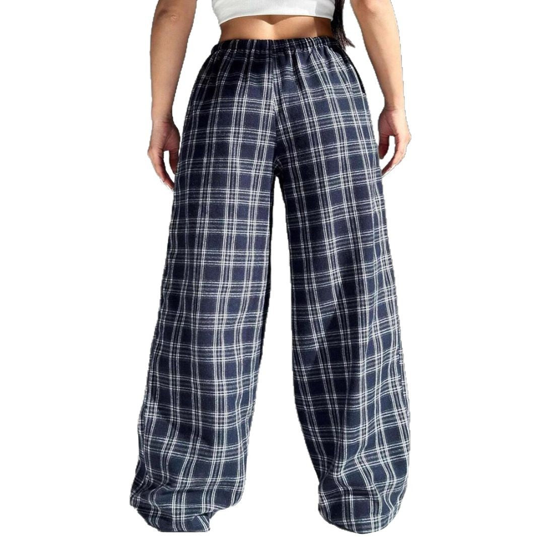 Women Wide Check Trousers with Elastic Waistband and Practical Pockets Ivyshape
