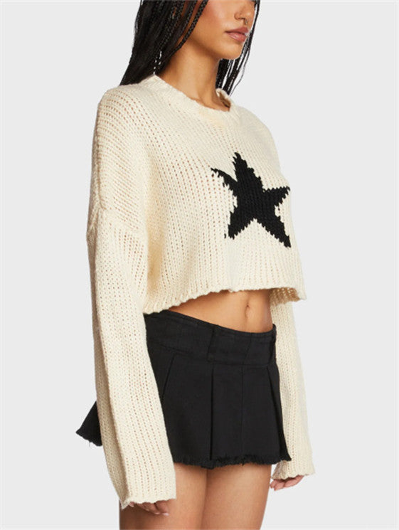 IvyShape | Five-Star Pattern Crop Knitted Sweater