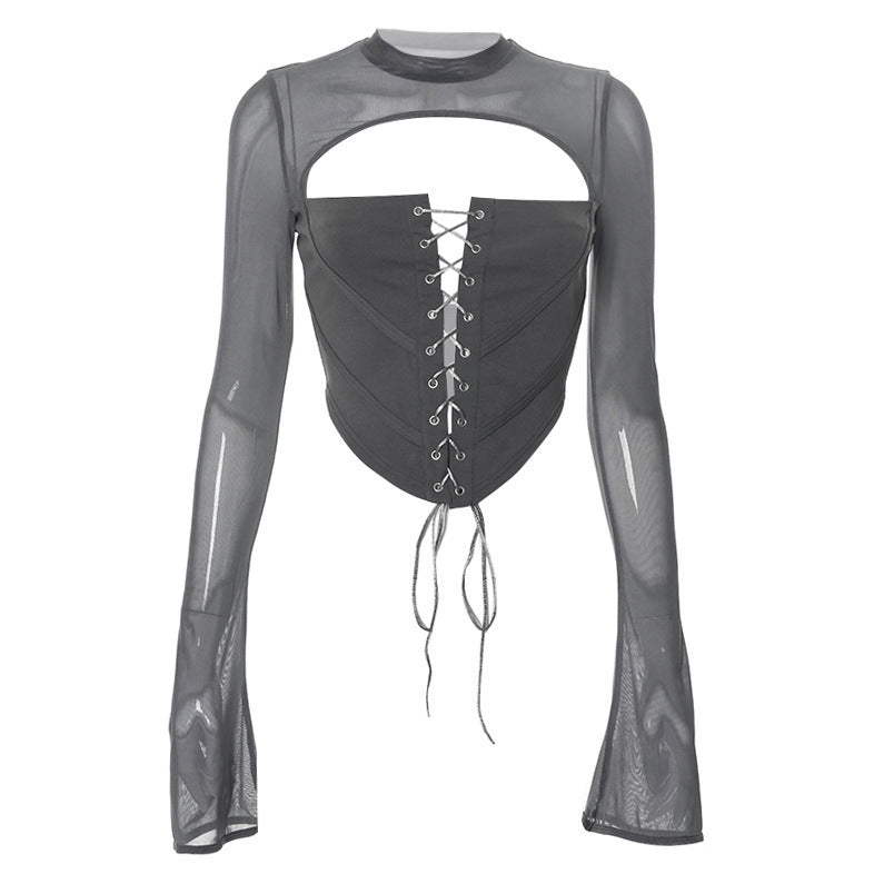 Women Elegant Top with Laced Front and Transparent Sleeves Ivyshape