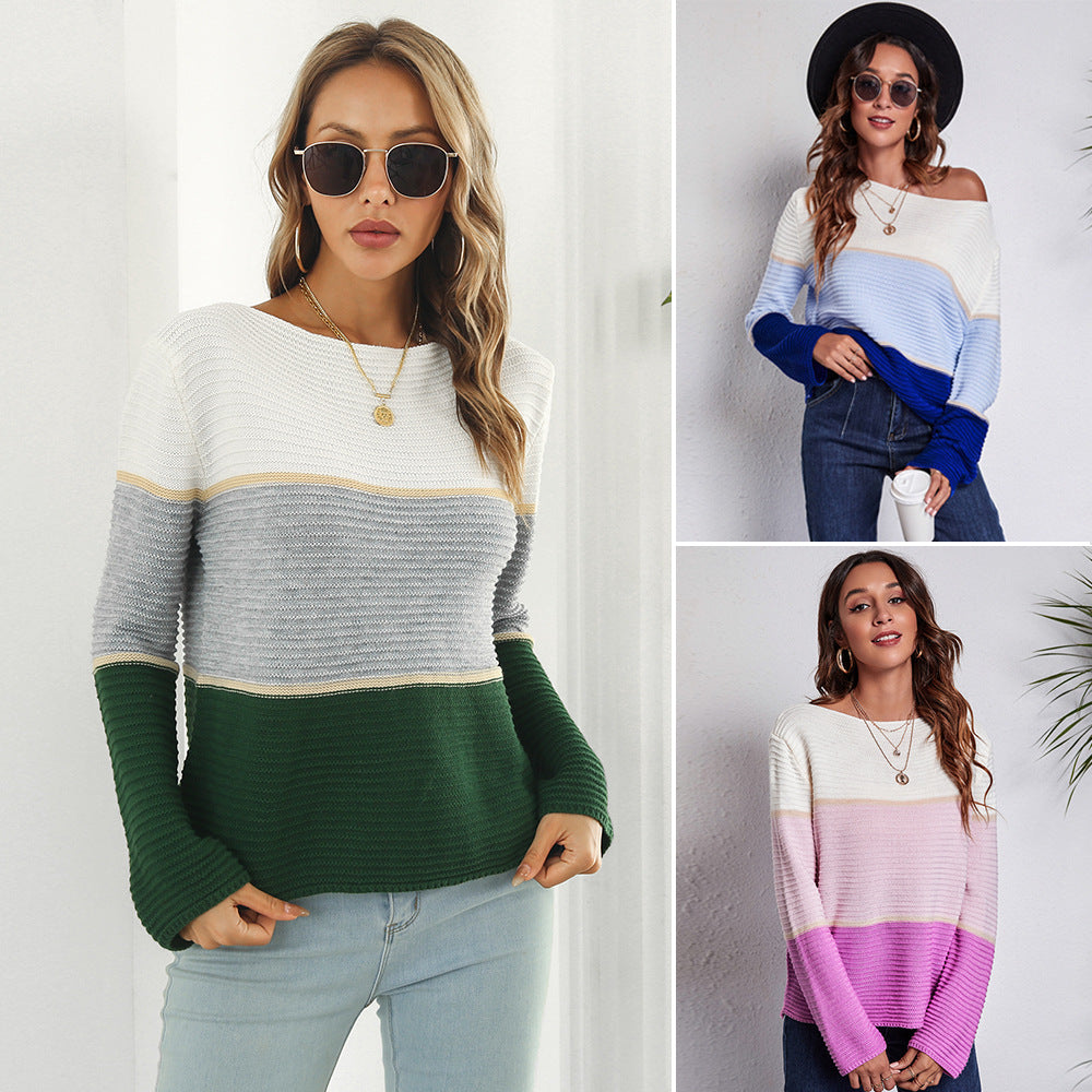 Women's Off-Shoulder Knit Sweater with Modern Color Block Design Ivyshape