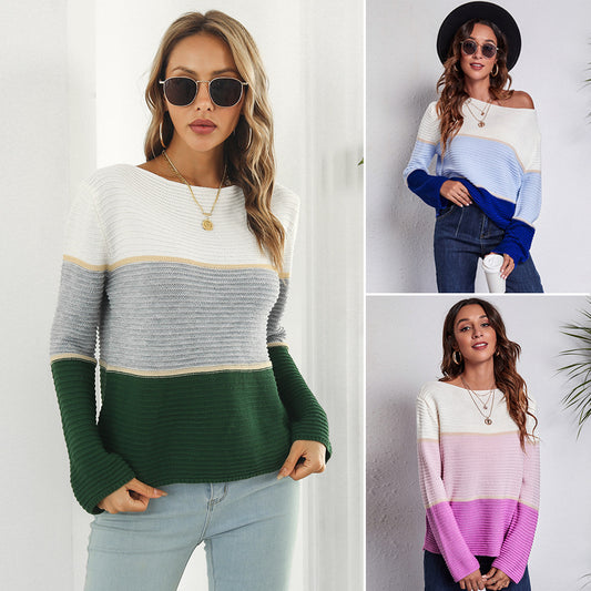 Women's Off-Shoulder Knit Sweater with Modern Color Block Design Ivyshape