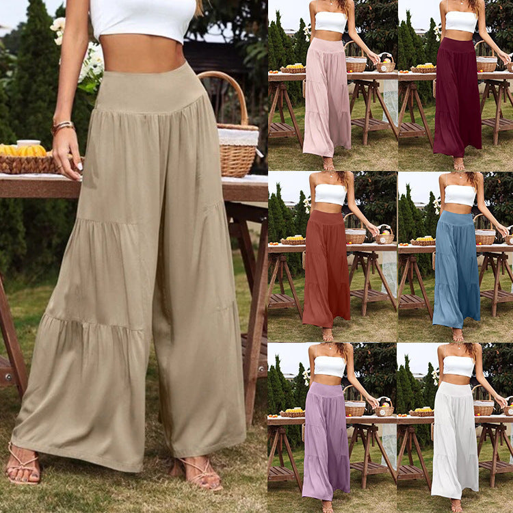 Women's wide-cut summer palazzo pants with high waist and pleated details Ivyshape