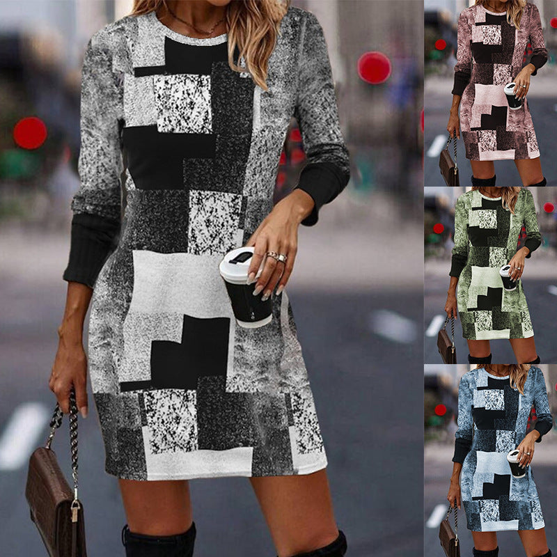 Women's knit dress with modern geometric pattern and long sleeves Ivyshape