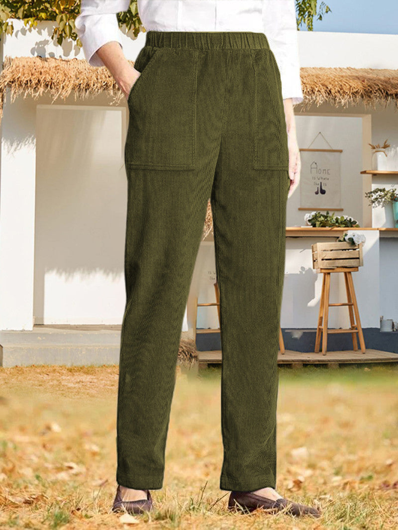 Women's corduroy pants with elastic waistband and practical pockets Ivyshape
