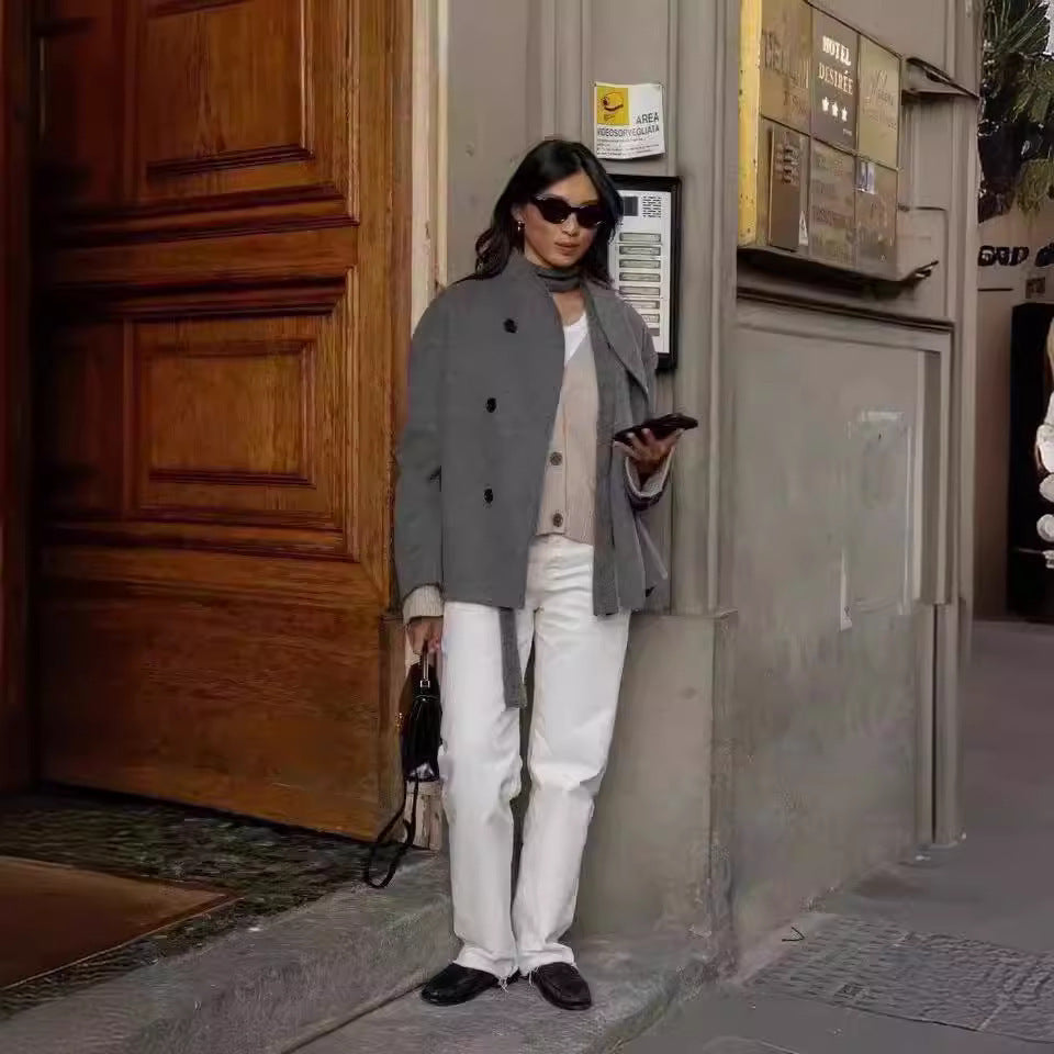 Women's fashionable wool jacket with double button placket and elaborate cut Ivyshape