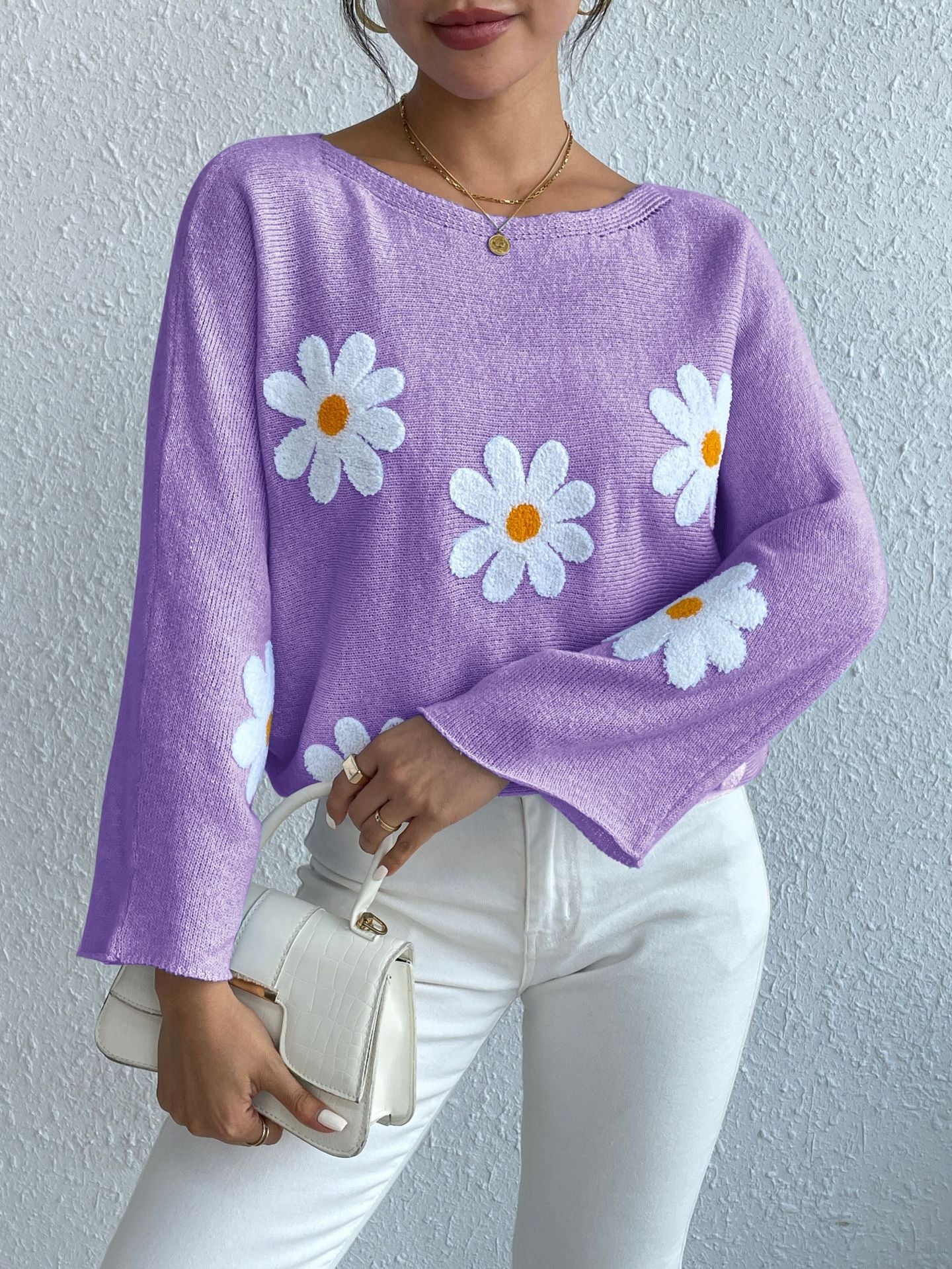 IvyShape | Floral Embroidery One-Shoulder Pullover Sweater