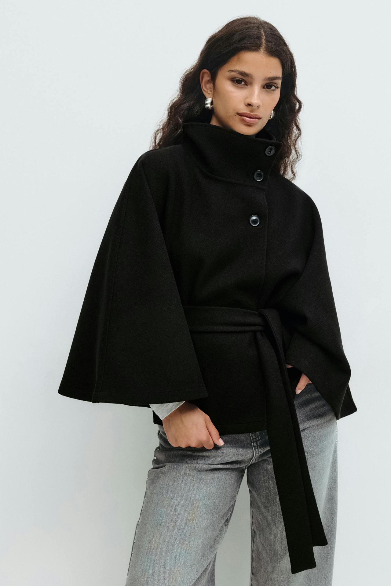 Women's wrap jacket with high collar line and wide sleeves Ivyshape
