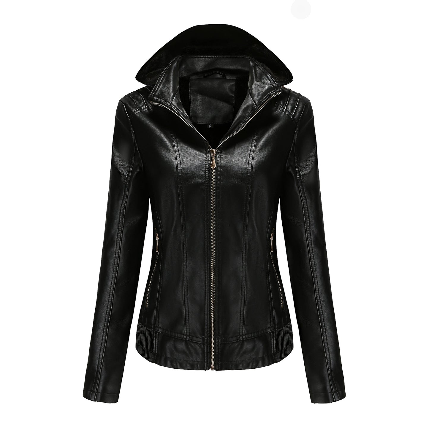 Ladies stylish faux leather jacket with high collar and elastic cuffs Ivyshape