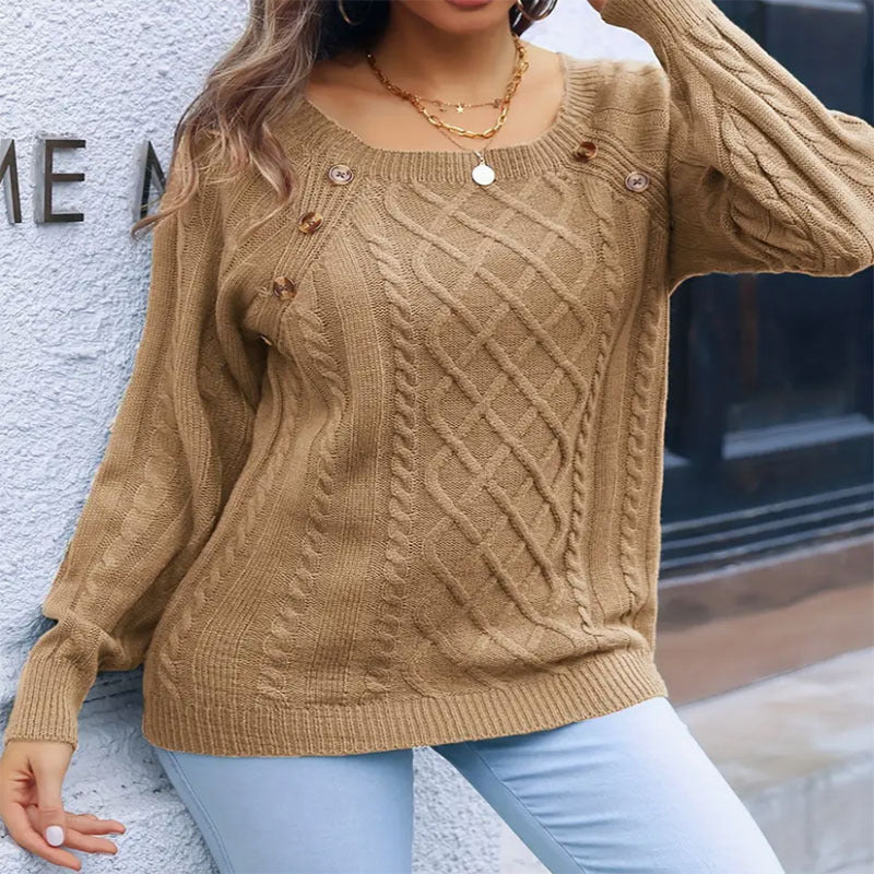 IvyShape | Chic Square Neck Buttoned Cable Knit Pullover