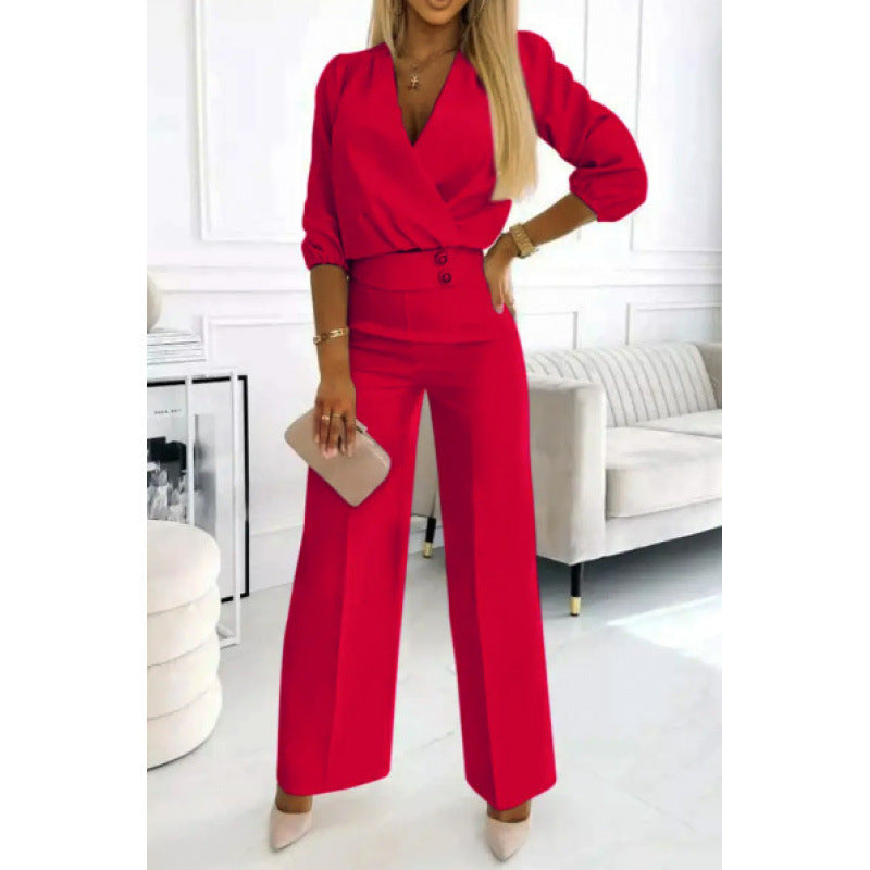 Ladies elegant jumpsuit with wrap top and wide leg Ivyshape