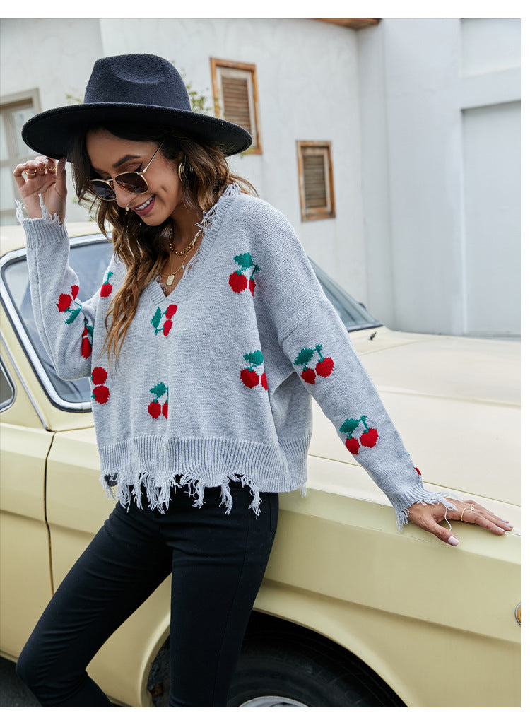 IvyShape | V-neck fringe sweater