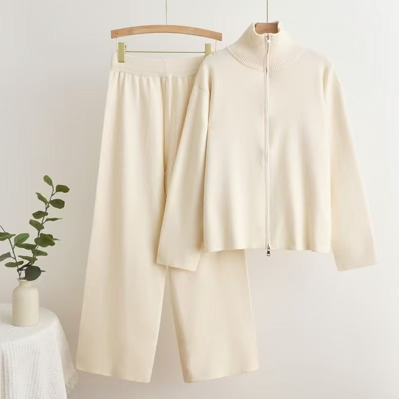 IvyShape | High Collar Wide Leg Pants Knit Suit