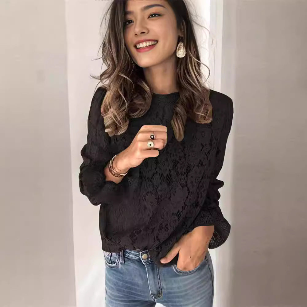 IvyShape | Fashionable Flare Sleeve Hollow Lace Shirt