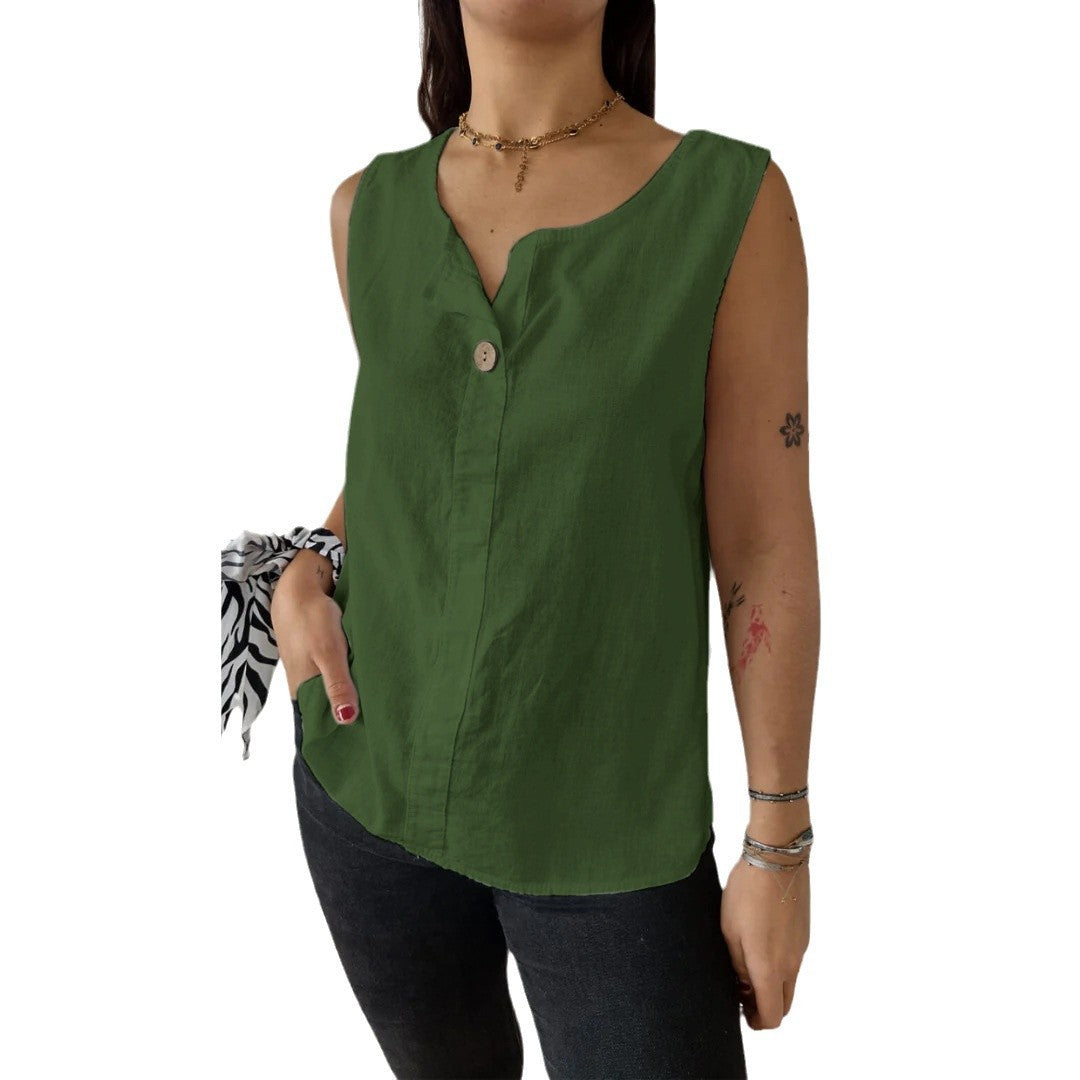 Women Light, Sleeveless Linen Blouse with Button Details Ivyshape