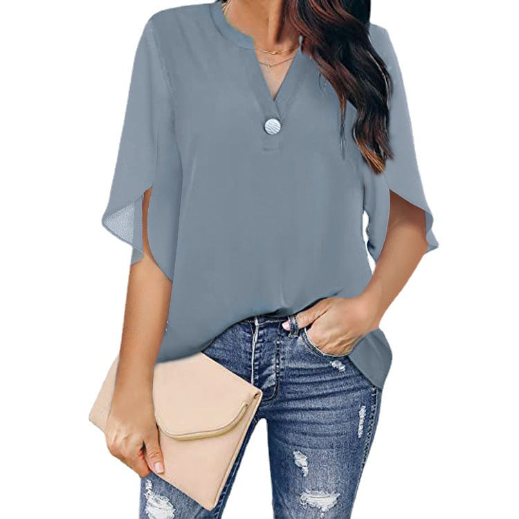 Ladies Fashion Blouse with Elegant Short Sleeves and V-Neck Ivyshape
