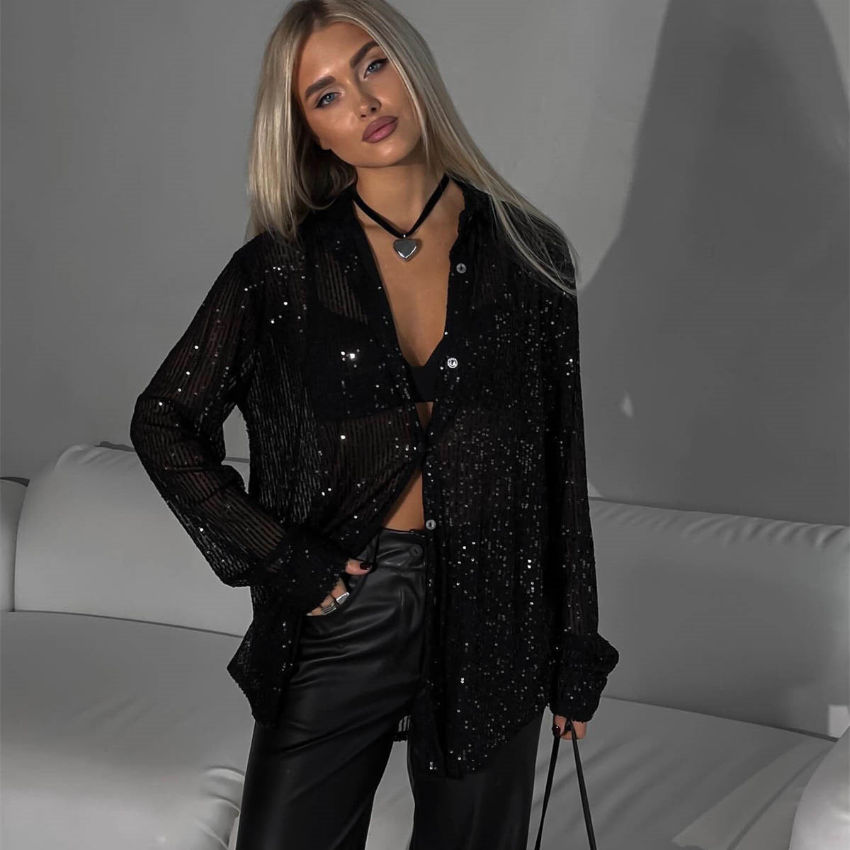 IvyShape | Sequin Lapel Long Sleeve Cardigan Shirt Jacket