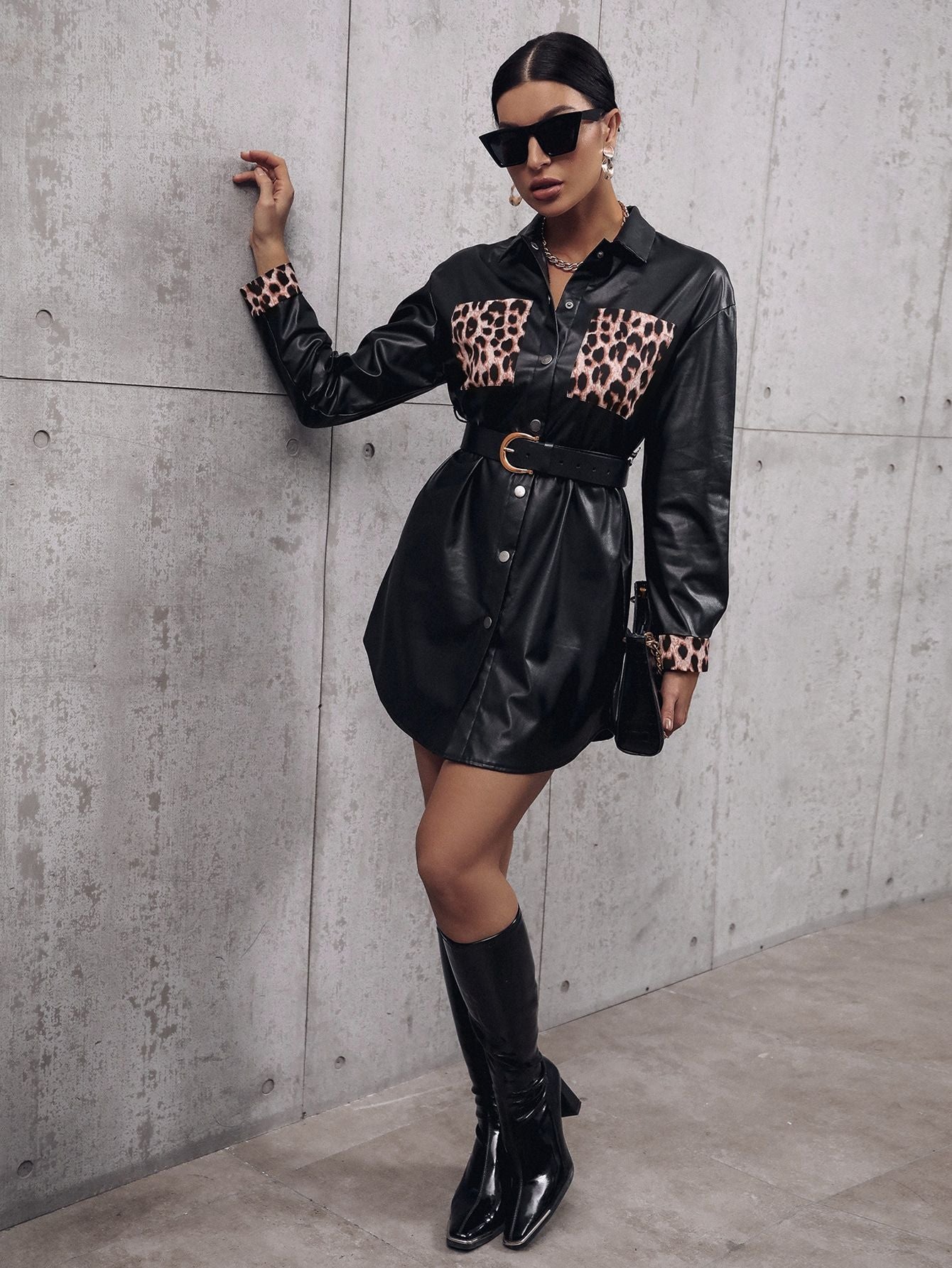Women Faux Leather Shirt Dress with Animal Print and Adjustable Belt Ivyshape