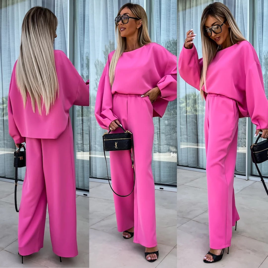Women elegant two-piece set with oversized blouse and wide pants Ivyshape