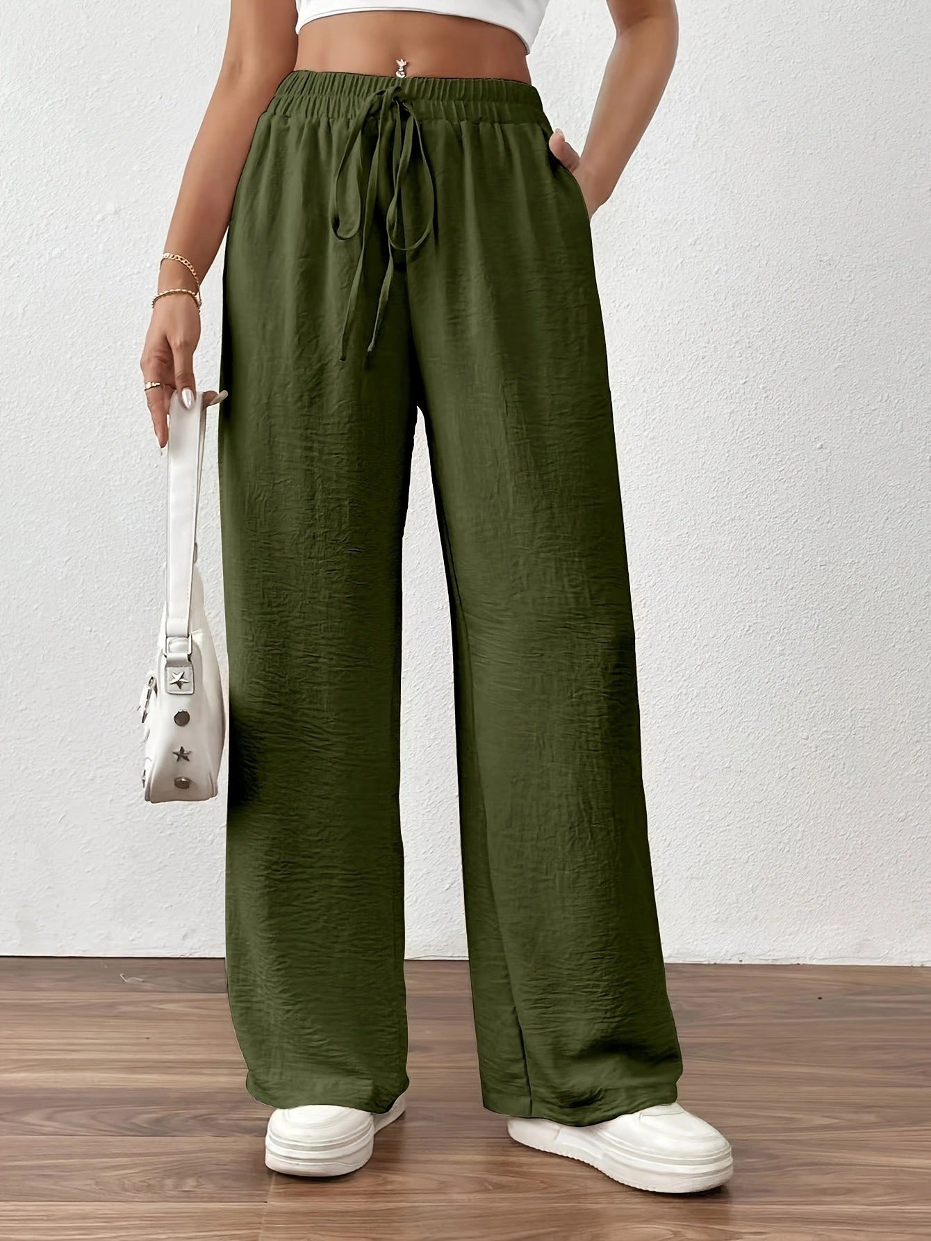Women's Summer Palazzo Pants with Elastic Waistband and Tie Belt Ivyshape