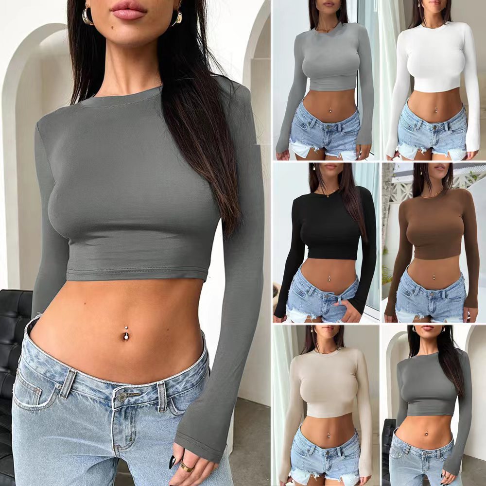 Women's Long Sleeve Crop Top with Fitted Cut and Round Neck Ivyshape