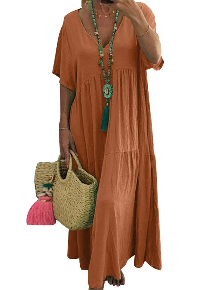 Women's airy boho maxi dress with flouncy hem and deep V-neck Ivyshape