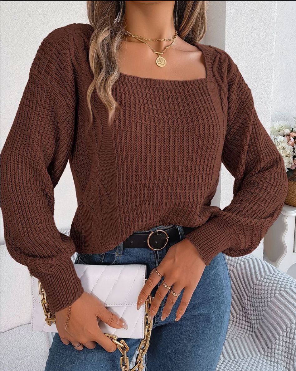 IvyShape | Unique Square Neck Twisted Knit Pullover Top for Women