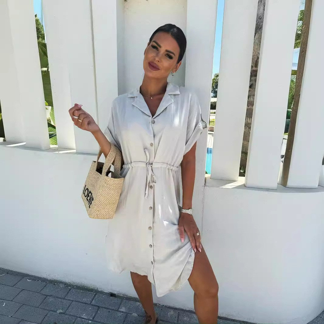 Women's midi dress with waist pull and short sleeves Ivyshape