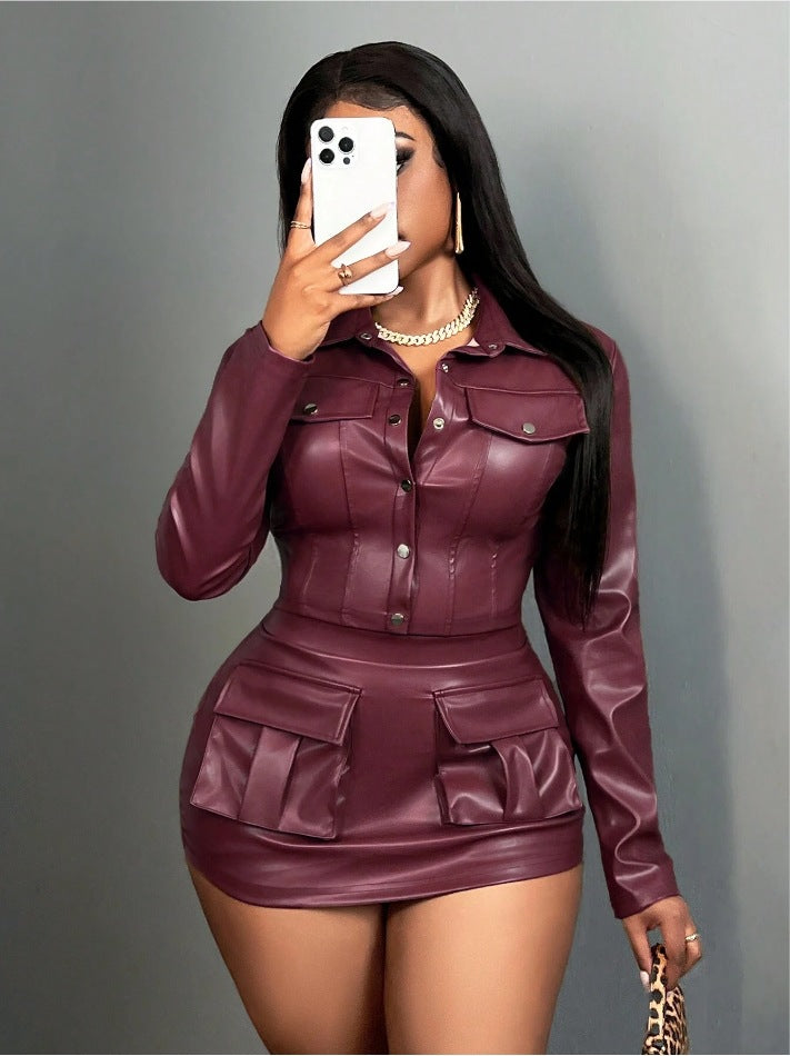 Women Faux Leather Mini Dress with Practical Flap Pockets Ivyshape