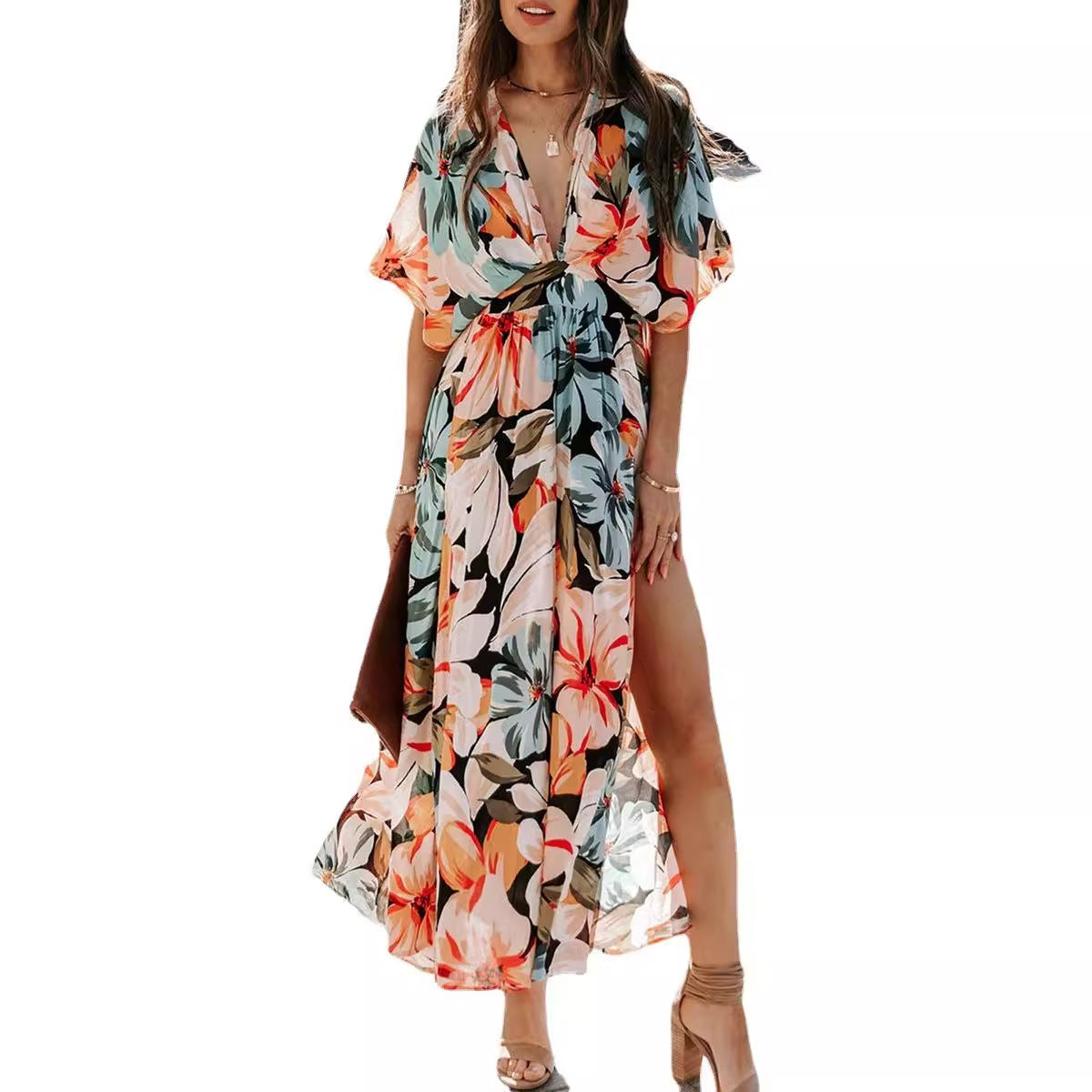 Women’s floral maxi dress with deep V-neck and side slits Ivyshape