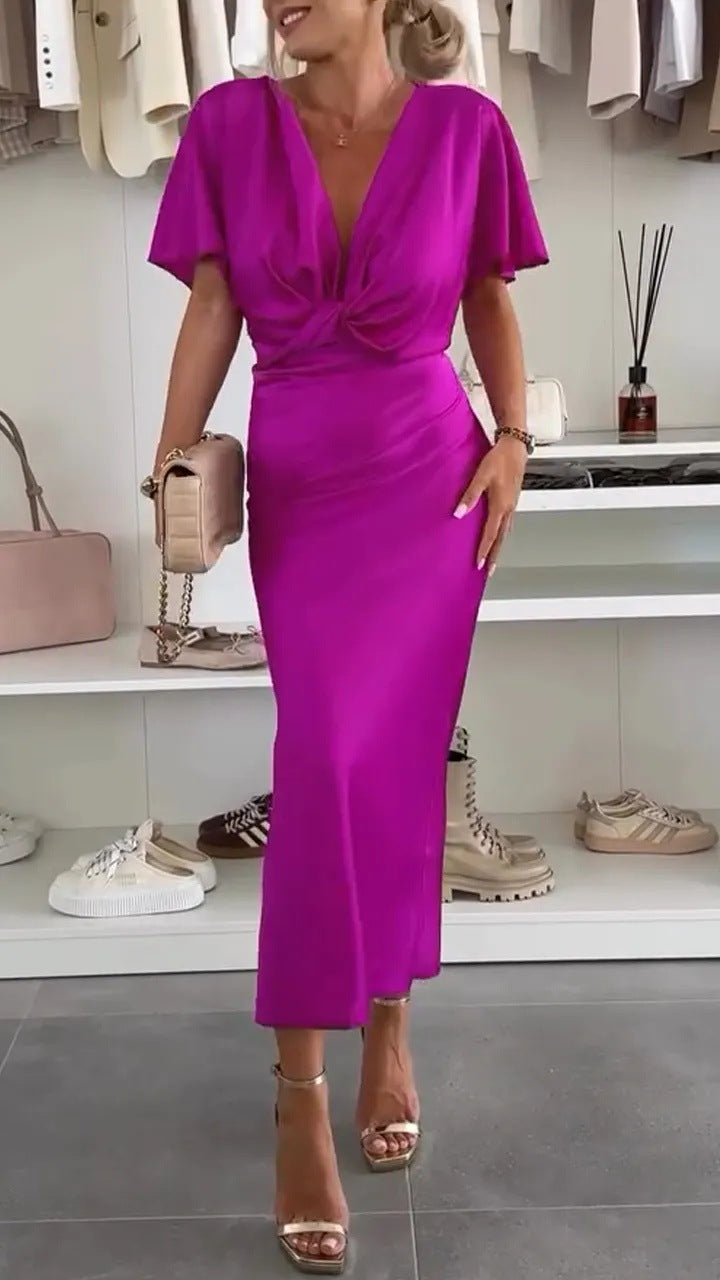 Ladies Knee-Length Satin Dress with Cross Design Ivyshape