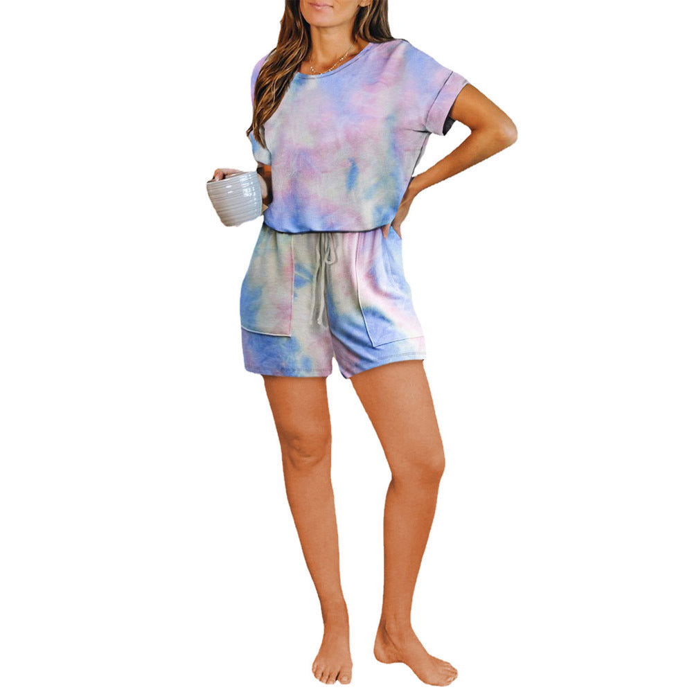 Ladies relaxing short-sleeve set with a casual cut and trendy tie-dye design Ivyshape