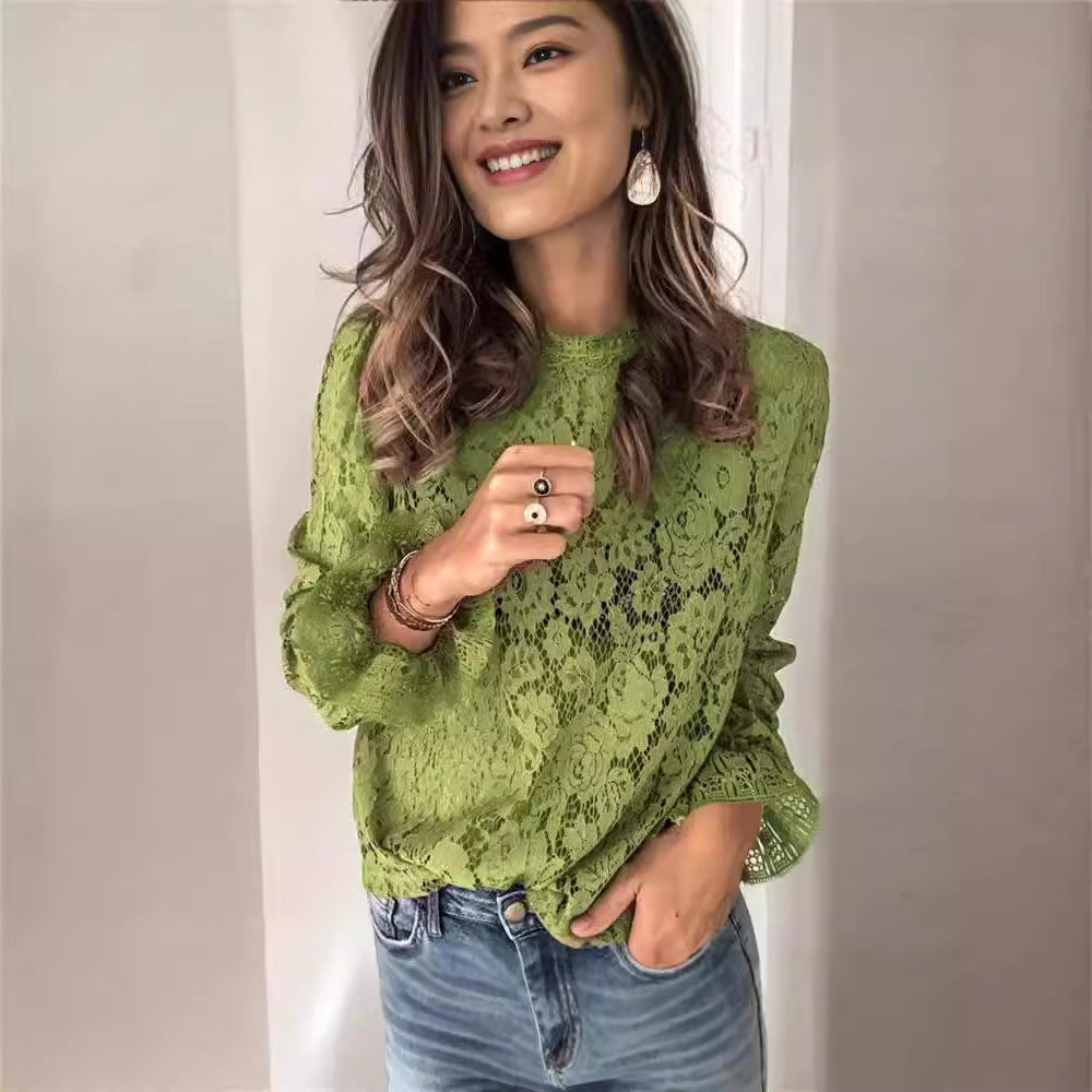 IvyShape | Fashionable Flare Sleeve Hollow Lace Shirt