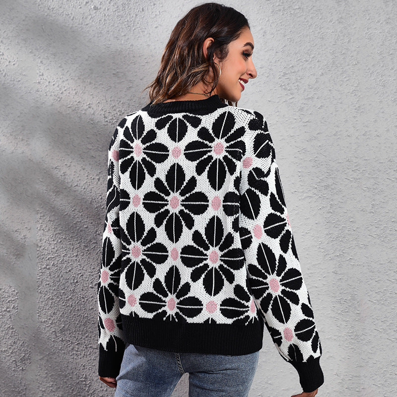 Ladies patterned knit sweater with floral design and high collar Ivyshape