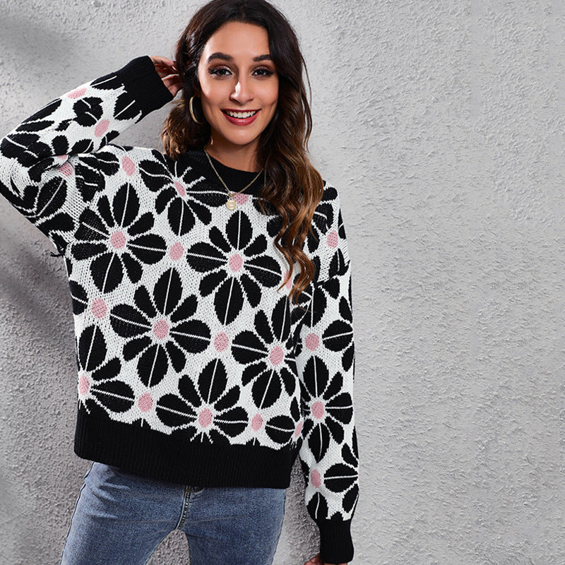 Ladies patterned knit sweater with floral design and high collar Ivyshape